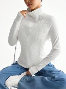 Easithlete 女士纯色拉链休闲长袖冬季夹克，简约风格 - 粉色 - 查看 5