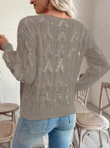 SHEIN LUNE Áo len chui đầu họa tiết hoa rỗng hở vai thoải mái phong cách nghỉ mát - Màu Khaki - Xem 2