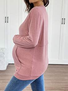 SHEIN Pregnant Women Round Neck Long Sleeve Pocket Plain Sweatshirt, Casual Daily Wear - Pink - View 3