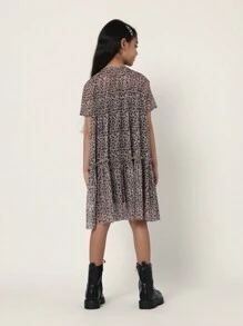 SUMWON 网眼动物印花女童派对连衣裙分层短袖A字豹纹秋冬薄纱连衣裙搭配战斗靴