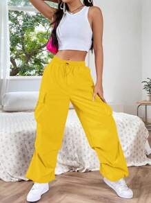 SHEIN EZwear Dopamine Pink Flap Pocket Side Drawstring Waist Cargo Pants - Yellow - View 4