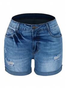 Women's Casual Side Pocket Rolled Hem Ripped Denim Shorts - Light Wash - View 6