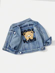 年轻男孩休闲百搭舒适熊图案牛仔夹克 + 牛仔裤套装，适合日常穿着