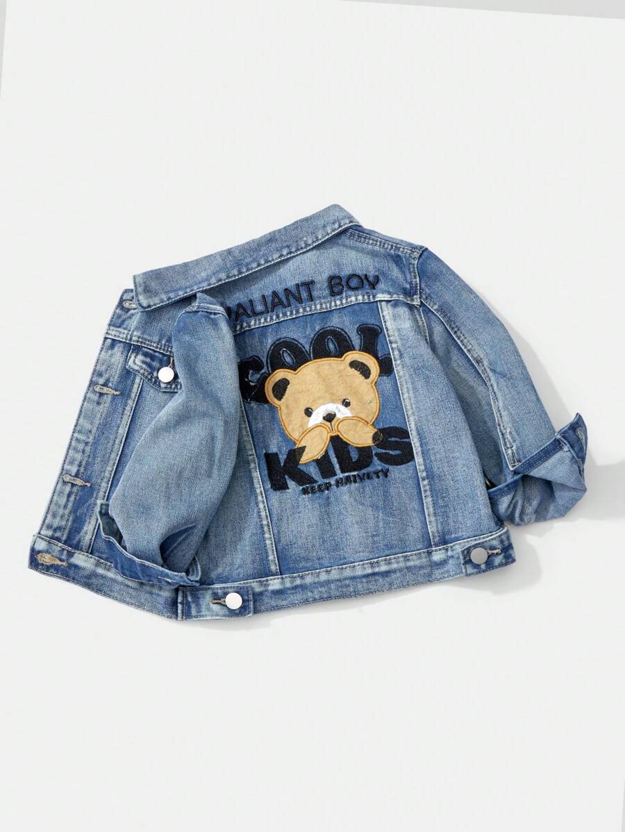 年轻男孩休闲百搭舒适熊图案牛仔夹克 + 牛仔裤套装，适合日常穿着