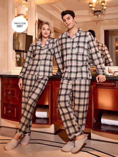 男士休闲格纹印花长袖衬衫和裤子睡衣套装，秋冬
