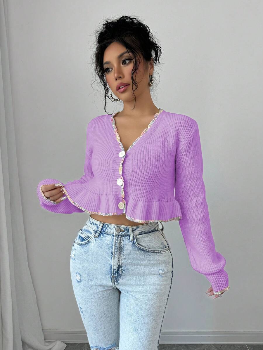 Elenzga Áo khoác cardigan dài tay màu tím chắp vá cài nút phía trước cho nữ - Màu Lilac Tím - Xem 1