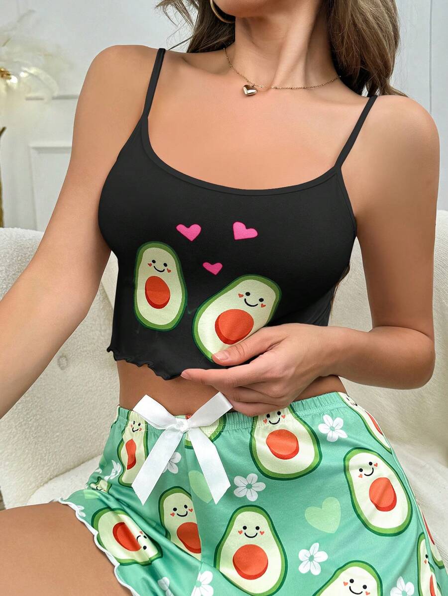 Top de dormir tipo camisilla corta con estampado de aguacate de dibujos animados para mujer - Negro - Ver 1