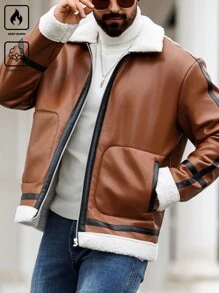 Manfinity Homme Plus Size Men's Casual Contrast Trim Thermal Lined Jacket, Autumn/Winter