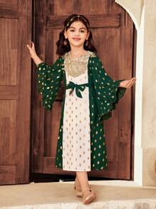 SHEIN Young Girl Color Block V-Neck Fitted Woven Dress - Green - View 3