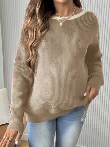 SHEIN Pregnant Women Plain Color Patchwork Long Sleeve Casual Sweater With Bowknot Decor