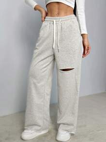 SHEIN PETITE Ripped Drawstring Waist Wide Leg Sweatpants - Grey - View 8