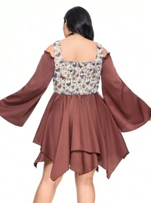 ROMWE Fairycore Váy xòe tay loe họa tiết bướm Jacquard cỡ lớn Faireycore màu tương phản viền bất đối xứng - màu nâu - Xem 2