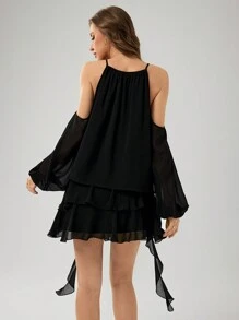 SHEIN EZwear 2件套女士纯色露肩长袖衬衫和高腰半身裙两件套女士夏季服装女士春季 - 黑色 - 查看 2