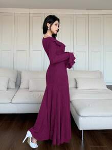 Mulvari Vestido casual de mujer de unicolor con volantes, moda minimalista para uso diario