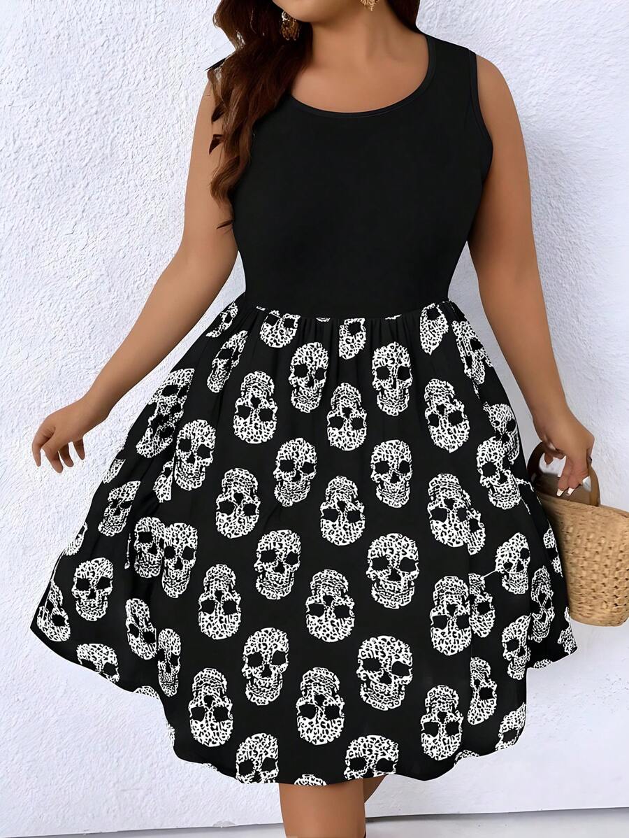 SHEIN LUNE Đầm xòe cổ tròn không tay in hình đầu lâu cỡ lớn cho nữ - Nhiều màu - Xem 1