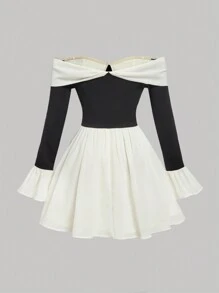 SHEIN MOD Color Block Chiffon Off Shoulder Flare Sleeve Dress,Long Sleeve Dress,Dresses For Women Elegant, Party,Corset Dress,Graduation Dress,Modest Dress,Going Out Dress,Vintage Dress,Goth Dress,Vacation Outfits Woman,Cruise Attire,Concert Outfit Women,Brunch Outfits For Women,Tea Party Outfit