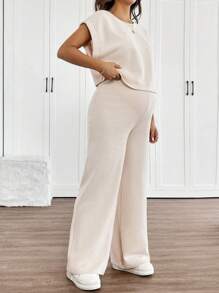 SHEIN 杏色针织蝙蝠袖上衣和裤子套装，休闲宽松孕妇装，适合春夏日常穿着 - 杏色 - 查看 6