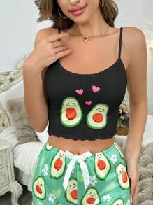 Top de dormir tipo camisilla corta con estampado de aguacate de dibujos animados para mujer - Negro - Ver 5
