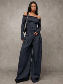 SHEIN BAE 女士休闲纯色斜插口袋褶皱宽松阔腿裤 复古冬季圣诞节女士感恩节女士新年女士冬季女士圣诞裤