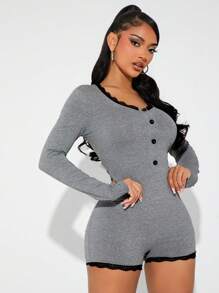 SHEIN SXY 性感可爱的撞色蕾丝拼布纽扣前连体裤 - 灰色 - 查看 4