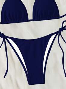 SHEIN Swim 2026 Spring/Summer Navy Blue Special Fabric Women's Swimsuit, Spaghetti Strap Halter Solid Color Sexy Side Tie Thong Bikini Two-Piece Swimwear - Navy Blue - View 3