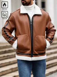 Manfinity Homme Plus Size Men's Casual Contrast Trim Thermal Lined Jacket, Autumn/Winter