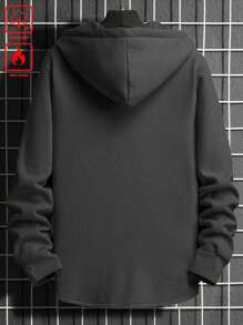 Manfinity Homme Plus Size Men's Solid Color Front Button Long Sleeve Simple Casual Hooded Jacket, Work Hooded Fashion Dark Grey Jacket, For Friends, Husband, Boyfriend Gifts