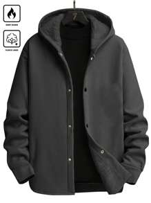 Manfinity Homme Plus Size Men's Solid Color Front Button Long Sleeve Simple Casual Hooded Jacket, Work Hooded Fashion Dark Grey Jacket, For Friends, Husband, Boyfriend Gifts