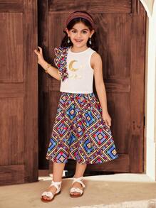 SHEIN 2pcs Setelan Baju Anak Perempuan Serasi Motif Cetak Panas, Lengan Berkerut Berlebihan, dan Rok Motif Retro untuk Musim Semi dan Musim Panas - MultiWarna - View 6