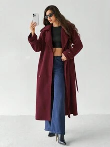 SHEIN Tall Chaqueta larga de manga larga con botones delanteros sencilla de color borgoña, abrigo largo de lana burdeos vintage de uso casual diario, abrigado y grueso para disfraces de invierno de Acción de Gracias, Halloween, Navidad y otoño para mujeres