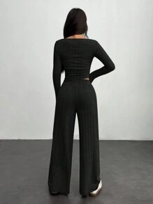 SHEIN PETITE 秋冬女装宽罗纹针织修身不对称斜下摆上衣+阔腿裤休闲舒适家居深灰色两件套 - 黑色 - 查看 2