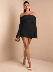 SHEIN BAE Elegant Open Shoulder Long Sleeve Knitted Dress, Suitable For Daily Dates, Outings, Night Clubs, Parties, Special Occasions, Autumn