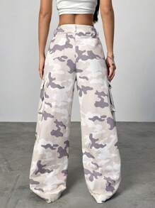 SHEIN EZwear Quần ống rộng phong cách Western Camo thời trang dạo phố dành cho nữ - Màu be - Xem 2