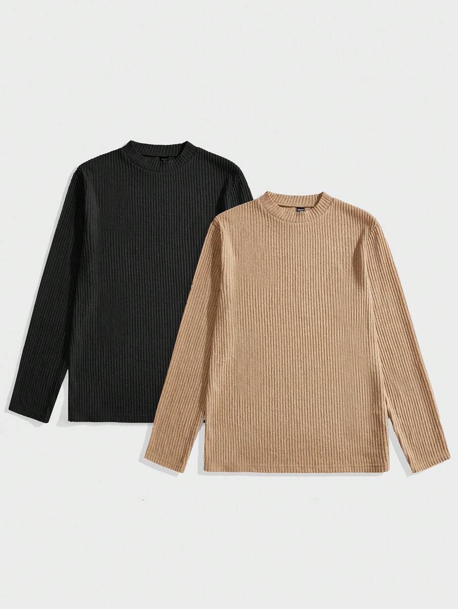 Manfinity Basics Men's 2 Pieces Knitted Fit Basic Casual Style Normal Shoulder Collar Black And White Men's T-Shirt Suitable For Autumn Matching - Khaki - View 1