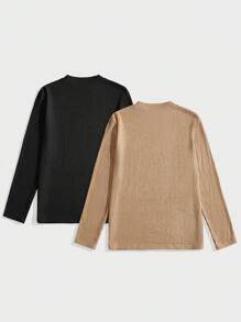 Manfinity Basics Men's 2 Pieces Knitted Fit Basic Casual Style Normal Shoulder Collar Black And White Men's T-Shirt Suitable For Autumn Matching - Khaki - View 2