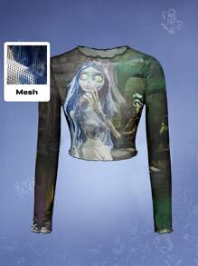 Corpse Bride | ROMWE Blusa de mangas largas de malla transparente con estampado de la Novia Cadáver para mujer de talla grande - Multicolor - Ver 1