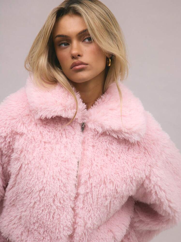 MUSERA Shaggy Faux Fur Collared Jacket | SHEIN USA