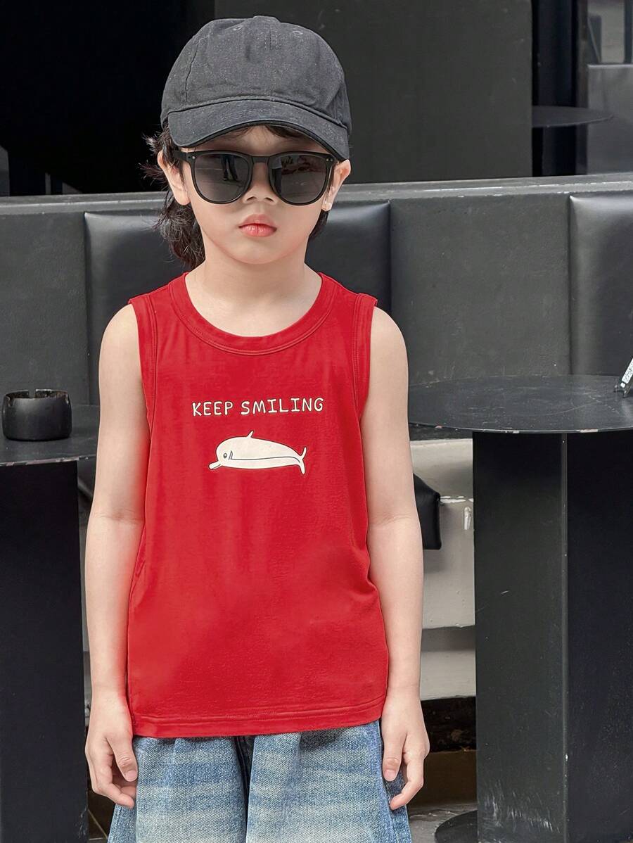 DAZY 年轻男孩休闲鲸鱼和字母印花背心 - 紅色 - 查看 1