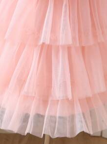Young Girl Luxurious Double-Sided Plush Fabric Decorated Pearl Patchwork Tulle Layered Thick Dress - Pink - View 5