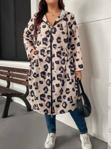SHEIN LUNE Plus Size Women Leopard Print Long Sleeve Hooded Drawstring Pockets Long Casual Coat ,Autumn New Years Women Leopard Print Coat For Women - Multicolor - View 6