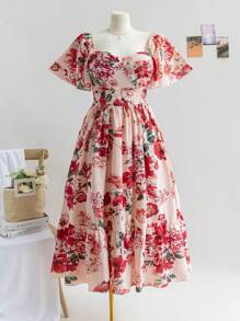 Dreamara Váy chữ A tay bèo in hoa hồng Boho cỡ lớn cho nữ, kỳ nghỉ, mùa thu/đông, ngày lễ tình nhân - Nhiều màu - Xem 1