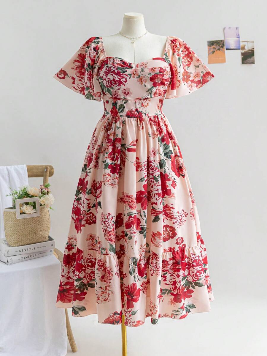 Dreamara Váy chữ A tay bèo in hoa hồng Boho cỡ lớn cho nữ, kỳ nghỉ, mùa thu/đông, ngày lễ tình nhân - Nhiều màu - Xem 1