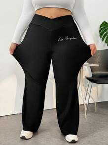 SHEIN CURVE+ Plus Size Minimalist English Print High Waist Waist Cross Design Micro Flared Long Tight Fitting Women's Leggings Suitable For Parties Suitable For Spring And Autumn Seasons