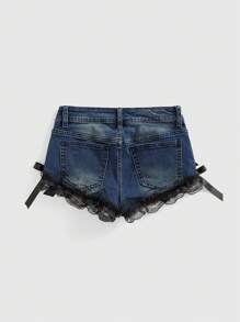 ROMWE Grunge Punk 女士性感低腰吊坠蕾丝蝴蝶结可爱深街黑/蓝色迷你牛仔短裤 - 藍色 - 查看 2