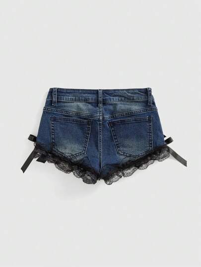 Grunge Punk Shorts cortos de mezclilla negros/azules de cintura baja sexy con colgante cruzado, encaje y lazo, de estilo oscuro y callejero