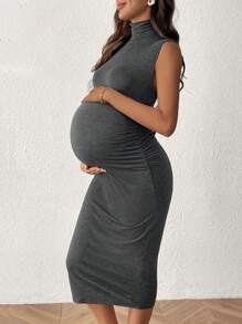 SHEIN Vestido casual ajustado y sencillo con cuello liso y sin mangas para embarazadas - Gris Oscuro - Ver 5