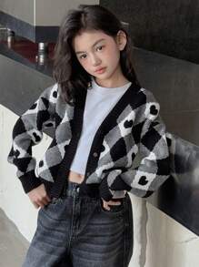 DAZY Tween Girl Drop Shoulder Long Sleeve Color Block Heart Pattern Plaid Cardigan,Back To School Clothes