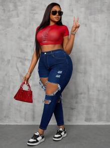 Quần jean rách co giãn màu xanh denim cỡ lớn cho nữ - Màu xanh lam - Xem 6