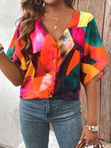 SHEIN LUNE Casual Button Front Color Block V-Neck Shirt