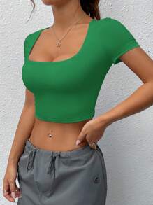 SHEIN EZwear Seamless Green Round Neck Short Sleeve T-Shirt And Shorts Set, Slim Fit - Green - View 6